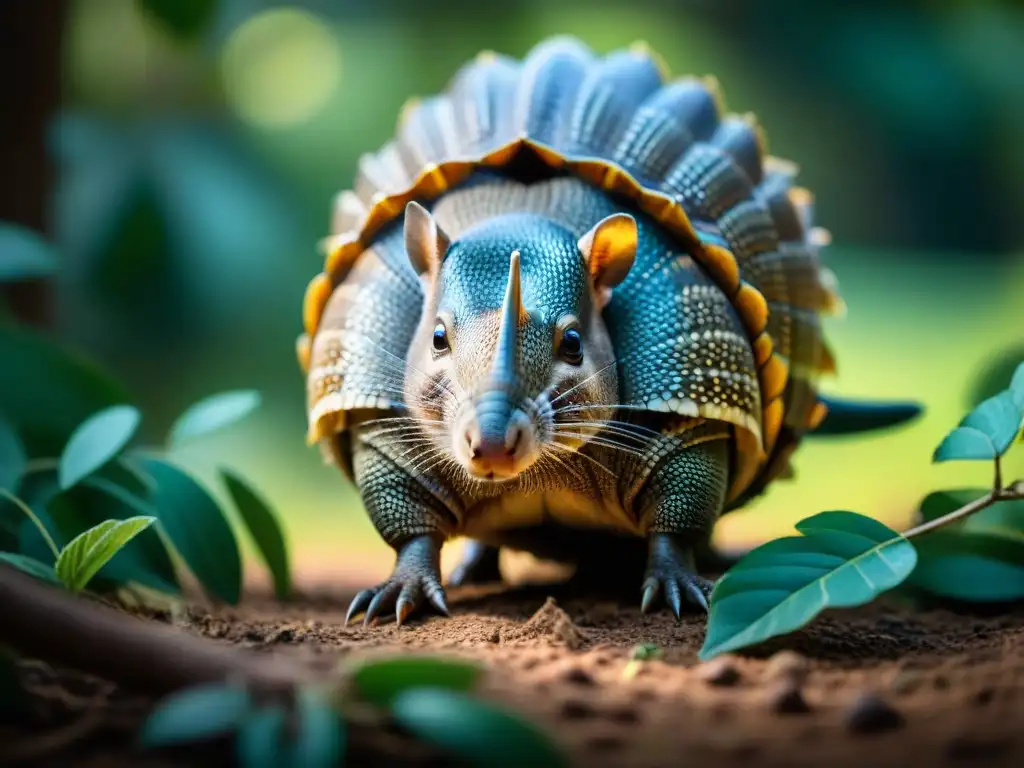 Armadillo explorando en Uruguay: concha detallada, garras afiladas y expresión curiosa en la naturaleza exuberante