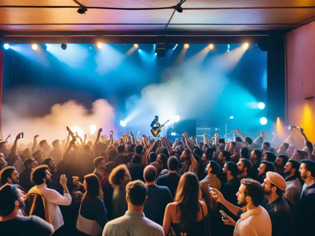 Concierto de música indie en Uruguay: audiencia diversa y apasionada, luces coloridas iluminan el escenario, músicos entregados a su arte