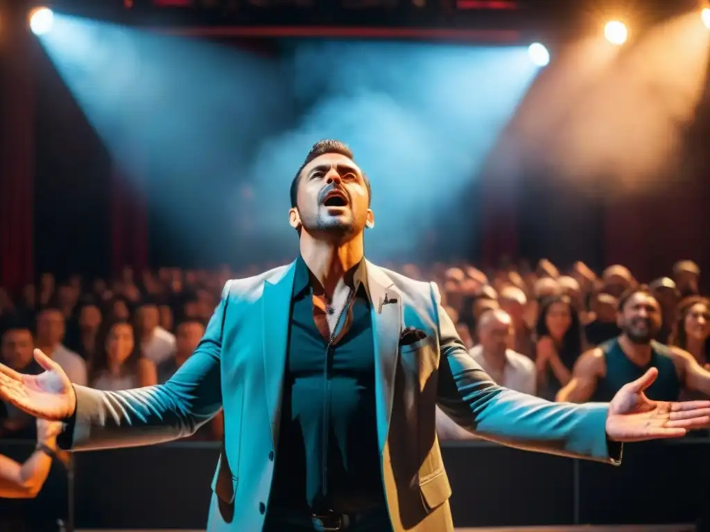 Ruben Rada en concierto: pasión y energía en escena Ruben Rada en concierto, su rostro expresivo iluminado por un foco, mientras el público diverso aplaude y se involucra con su música afrouruguaya