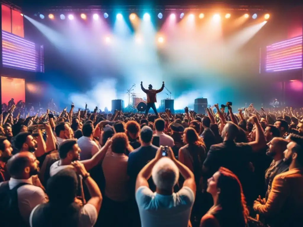Un concierto vibrante en Montevideo con luces de colores en el escenario y el público bailando y aplaudiendo