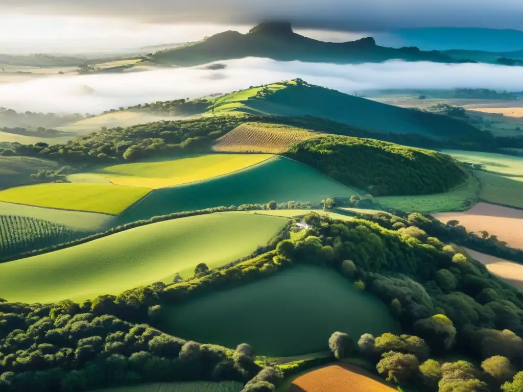 Consejos composición fotografía paisajes Uruguay: Vista aérea de verdes colinas, árboles y granjas en el campo uruguayo al atardecer