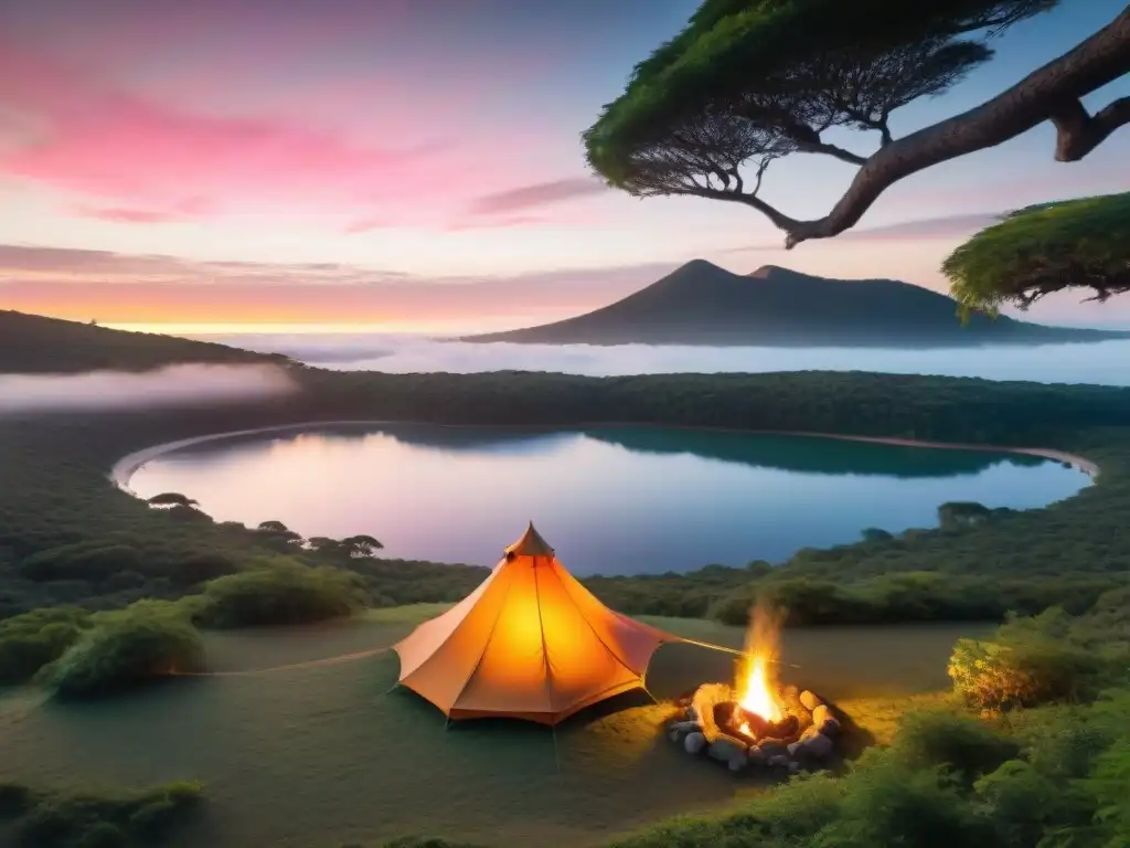 Consejos para acampar en Uruguay: Atardecer dorado sobre un camping en la naturaleza, con carpas, fogata y siluetas relajadas en hamacas