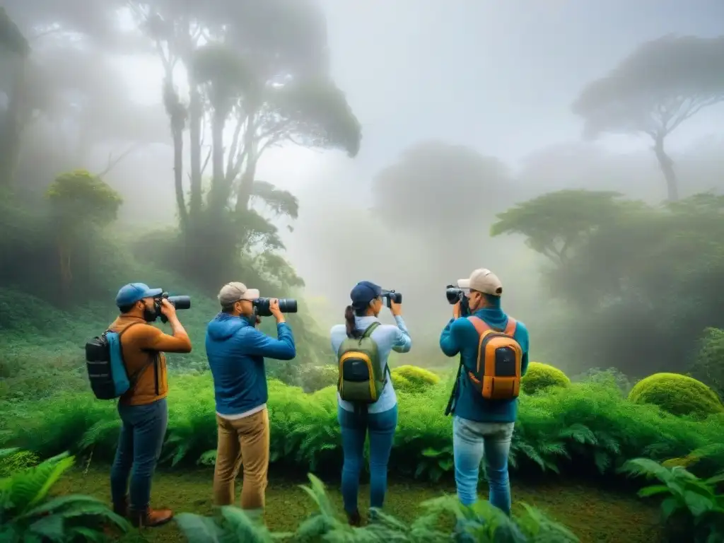 Consejos observación aves Uruguay: Grupo de observadores de aves en un bosque colorido, en armonía con la naturaleza