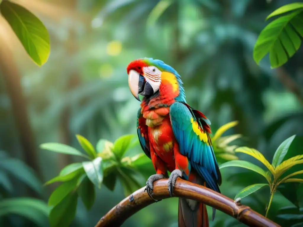 Consejos para observación de aves en Uruguay: Espectacular guacamayo escarlata en la selva tropical, con plumaje iridiscente y alas majestuosas