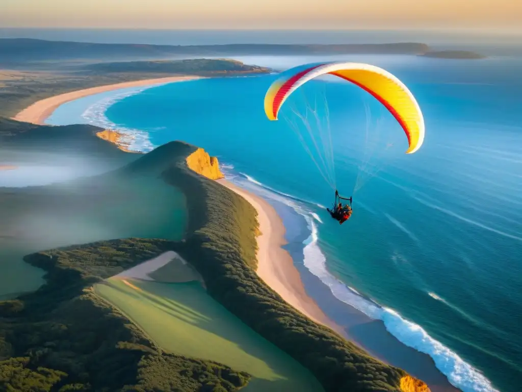 Consejos para volar en parapente: Un parapente colorido surca el cielo sobre la costa de Punta del Este al atardecer, transmitiendo libertad y emoción