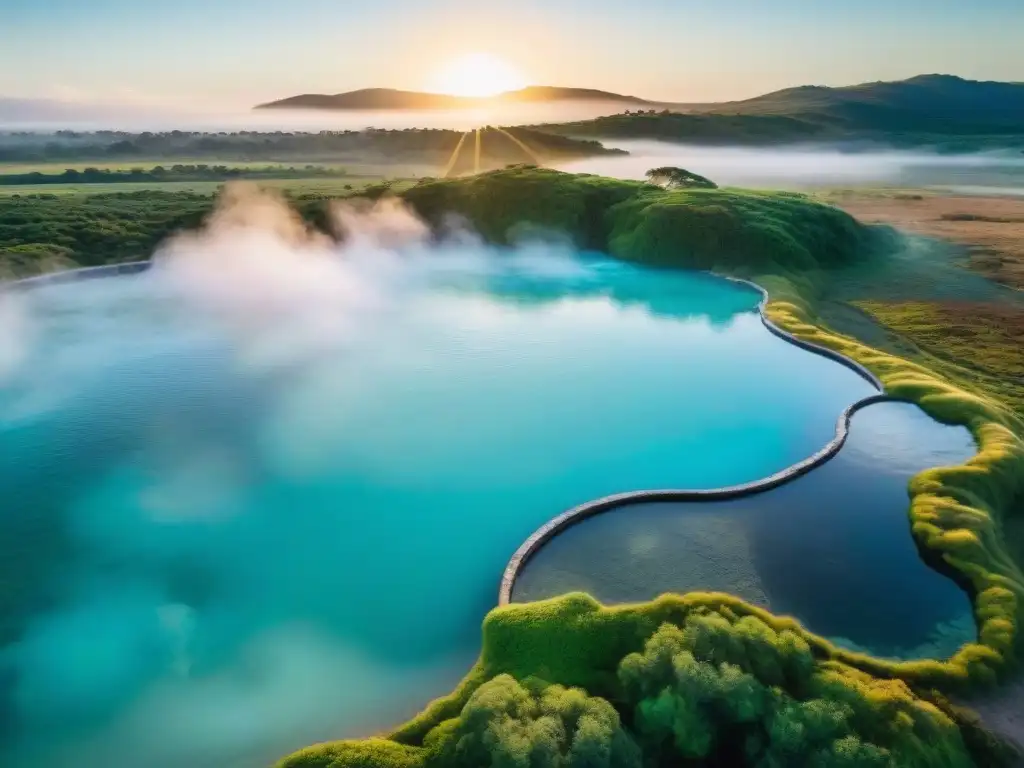 Consejos termas Uruguay viajero inteligente: Vista aérea de termas naturales en Uruguay al atardecer, aguas turquesas con vapor y paisaje exuberante