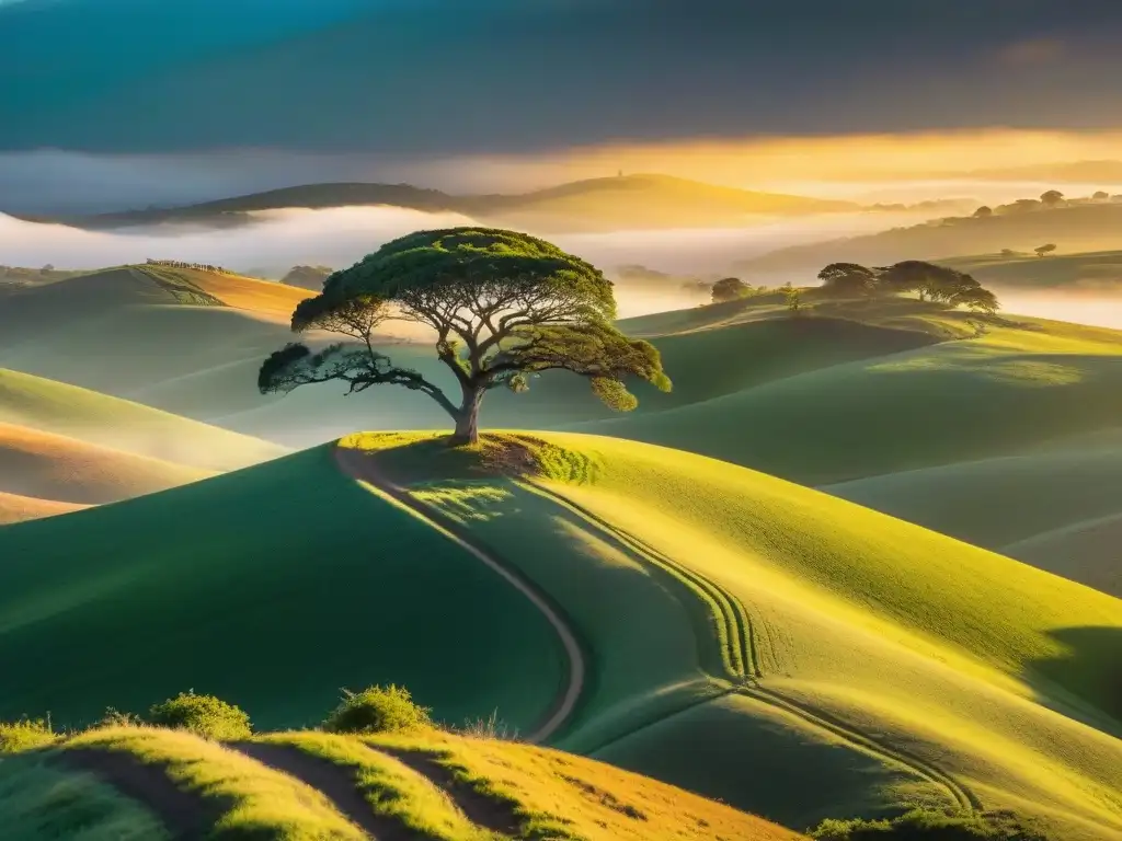 Consejos composición fotografía paisajes Uruguay: Atardecer vibrante sobre colinas verdes, árbol solitario en contraluz, sombras largas