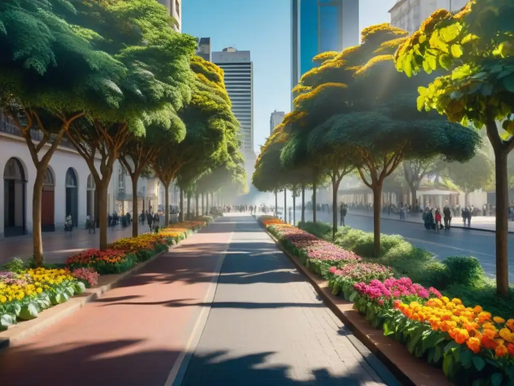 Fotografiando contraste naturaleza urbanización Uruguay: Calle bulliciosa con rascacielos y parque verde lleno de flores y árboles