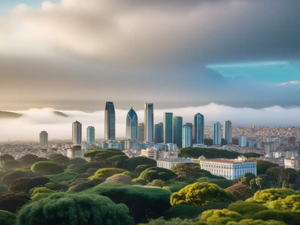 Fotografía del contraste entre la naturaleza y la urbanización en Montevideo, Uruguay