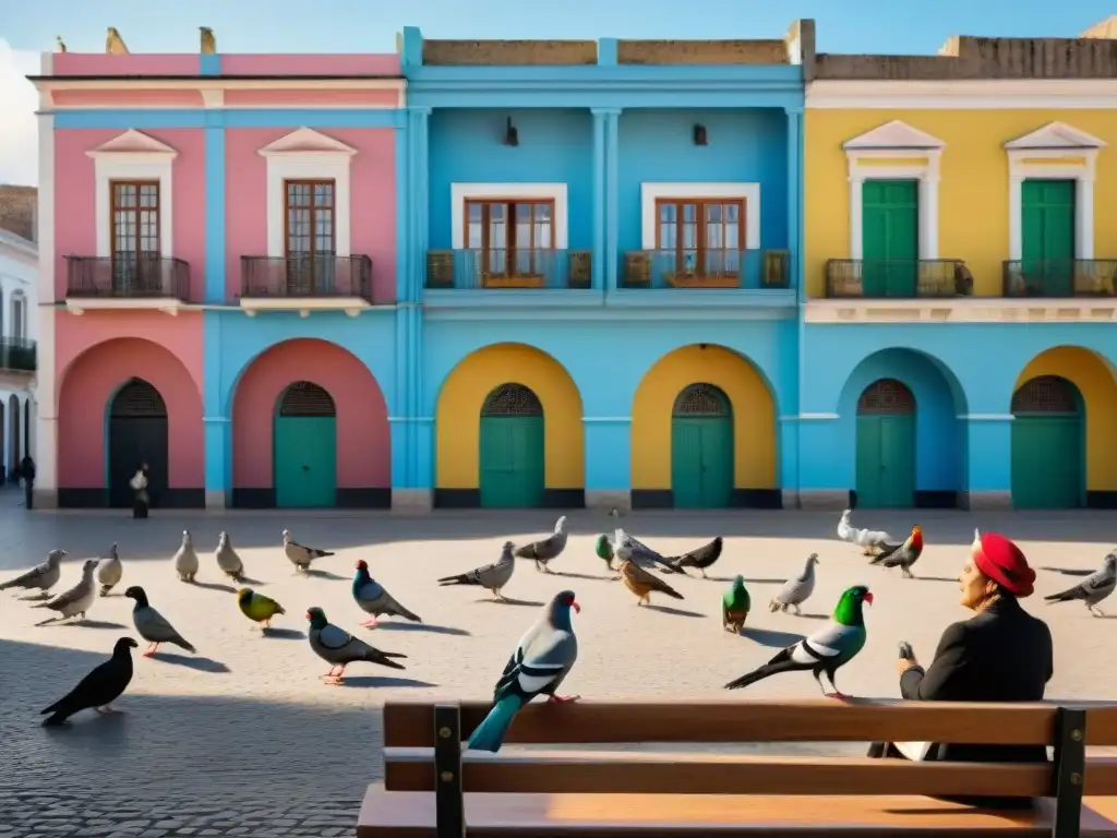 Convivencia armoniosa de aves urbanas en Uruguay, donde personas comparten espacio con pájaros coloridos