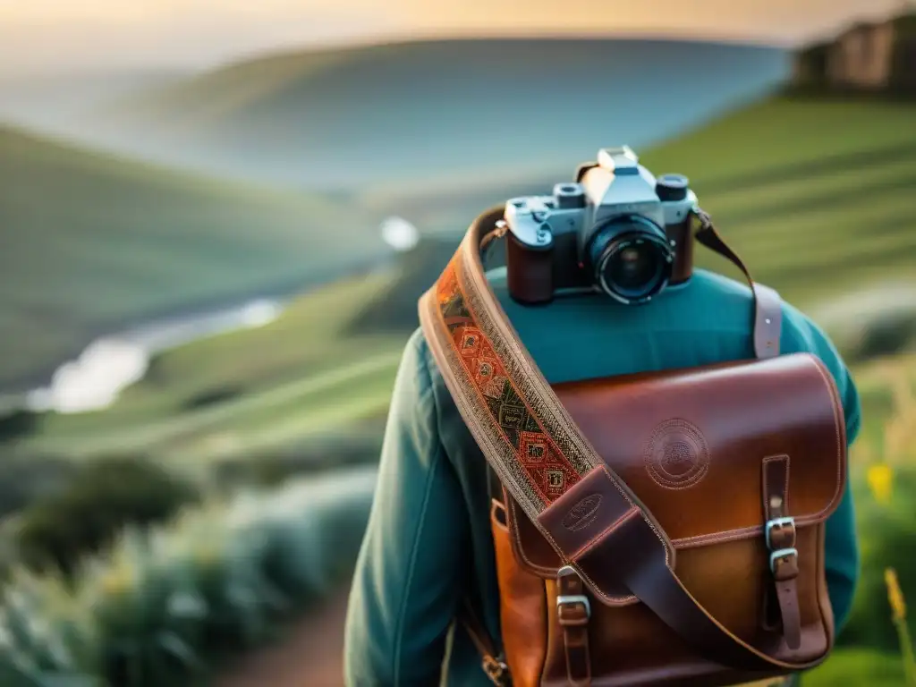 Una correa de cámara de cuero desgastado con patrones uruguayos, colgando de una mochila fotográfica vintage