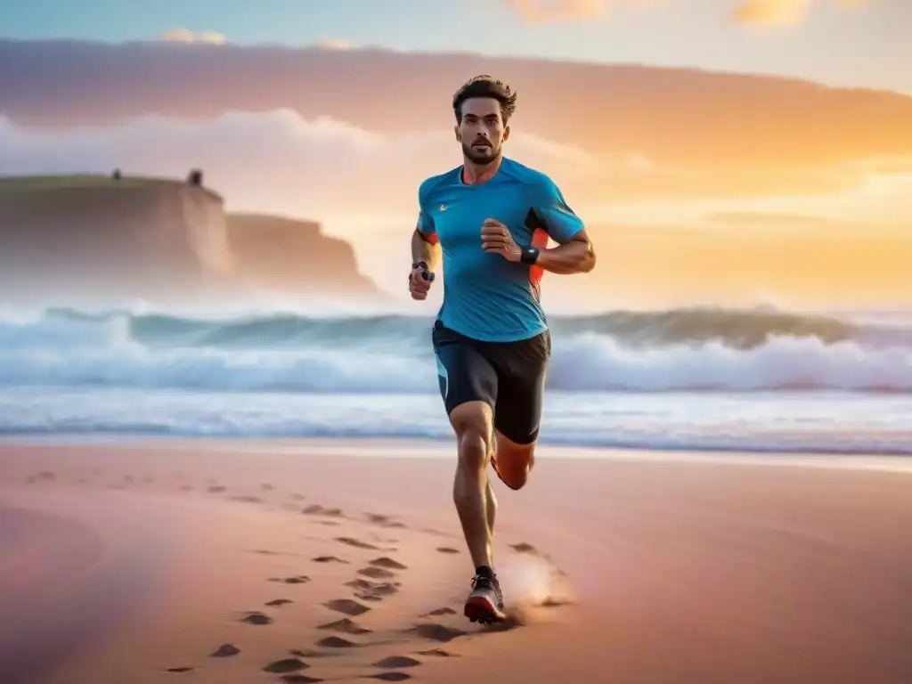 Corredor en Uruguay con gadgets para correr en Punta del Este al amanecer, rodeado de paisajes impresionantes