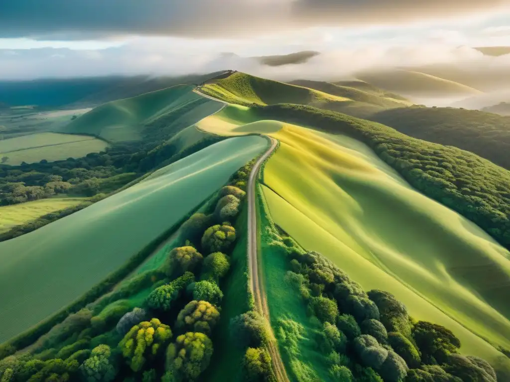 Un corredor atraviesa un paisaje rural vibrante en Uruguay, con colinas, bosques y un río