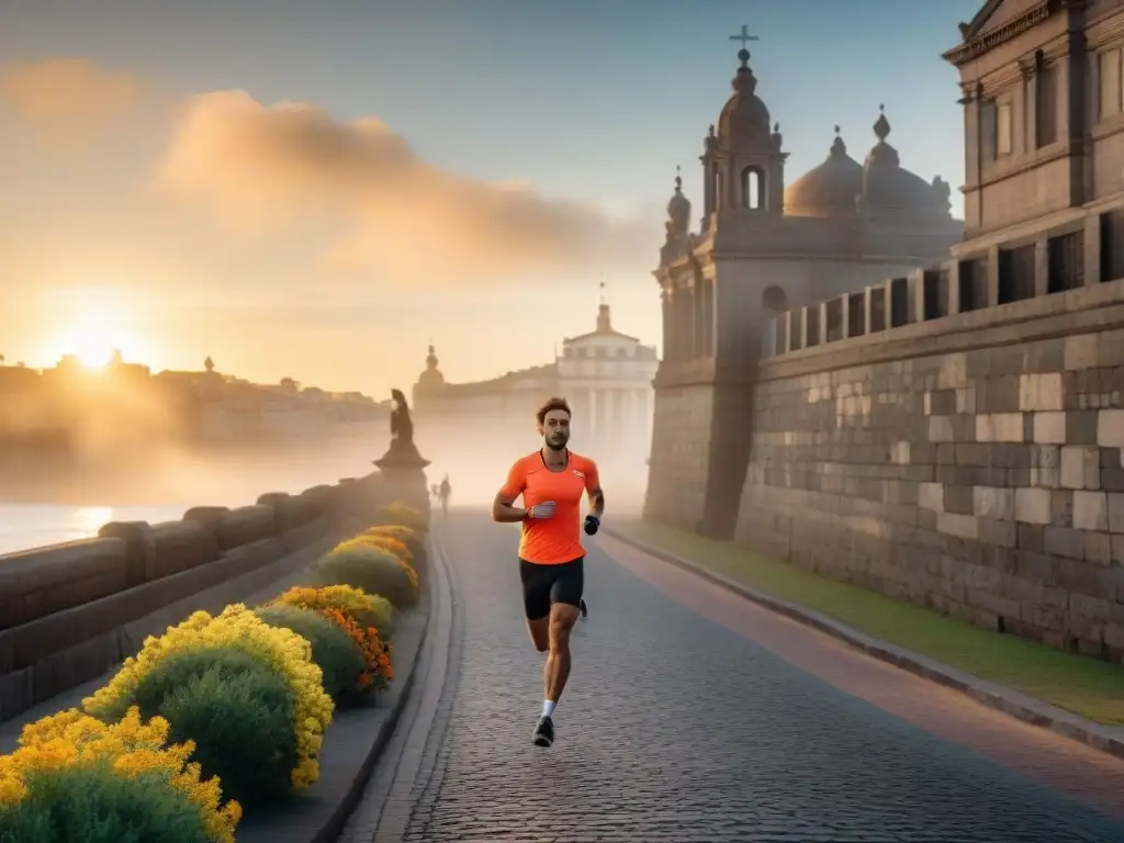 Un corredor cruza la Puerta de la Ciudadela al amanecer en Montevideo, Uruguay, mezclando historia y fantasía