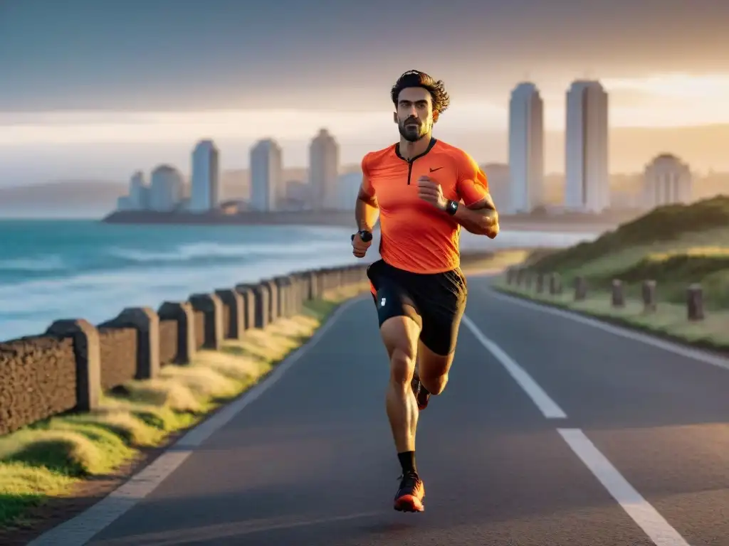 Corredor en la Rambla de Montevideo al amanecer con equipamiento para correr en Uruguay