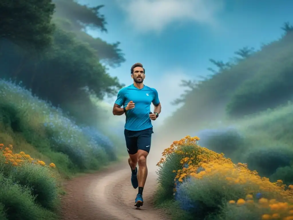 Corredor en sendero de Uruguay con gadgets para correr entre naturaleza exuberante y flores silvestres, bajo cielo azul