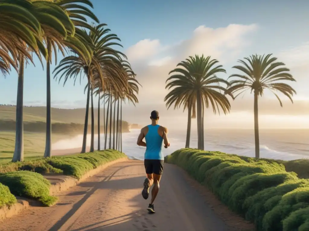 Un corredor en Uruguay disfruta de la serenidad del amanecer en una ruta costera, fusionando deporte y tranquilidad