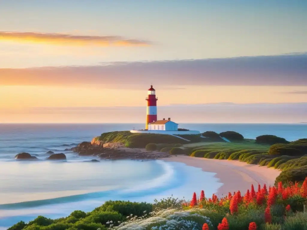 Un corredor solitario disfruta de un amanecer espectacular en el emblemático faro de Punta del Este