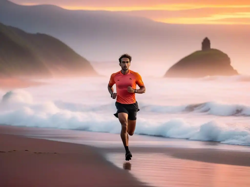 Un corredor solitario se prepara mentalmente al amanecer en Uruguay, listo para el maratón