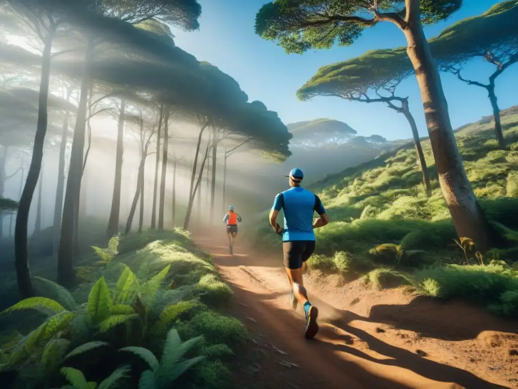 Un corredor de trail en Uruguay desafiando un sendero en el bosque al amanecer