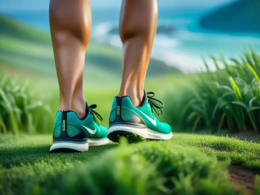 Un corredor con zapatillas desgastadas, parado en un campo verde con vista al mar, representando la preparación para el primer maratón en Uruguay