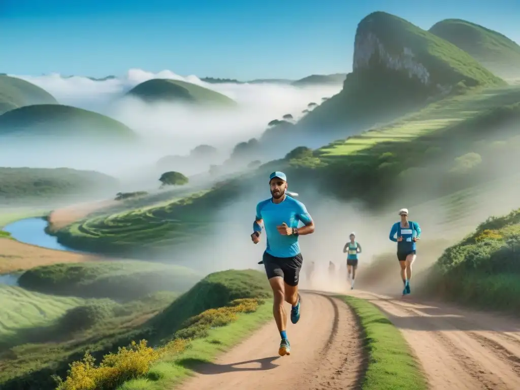 Corredores en carrera ecofriendly en Uruguay, rodeados de naturaleza exuberante