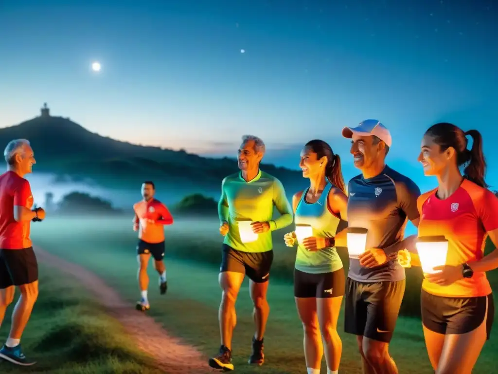 Corredores se preparan para una carrera nocturna única en Uruguay, creando un ambiente de camaradería bajo la luz de las linternas y estrellas