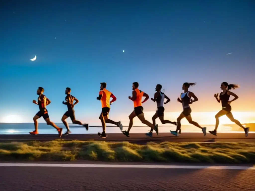 Corredores en carrera nocturna única en Uruguay, iluminados por la luz de la luna en la costa