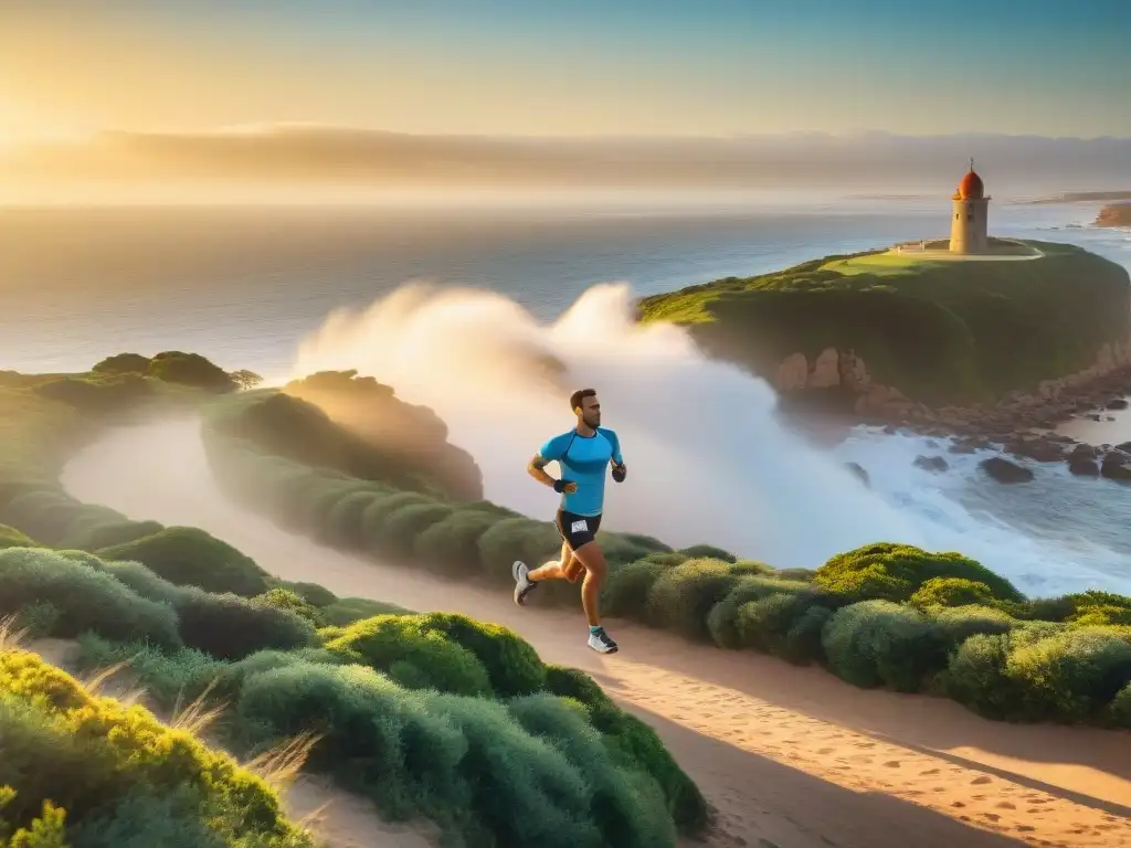 Corredores en Uruguay disfrutan de una carrera al amanecer en Punta del Este, mostrando las hermosas rutas de running en Uruguay