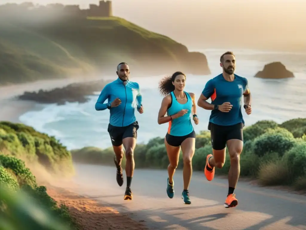 Corredores coloridos entrenan al amanecer en la costa de Uruguay para su primer maratón