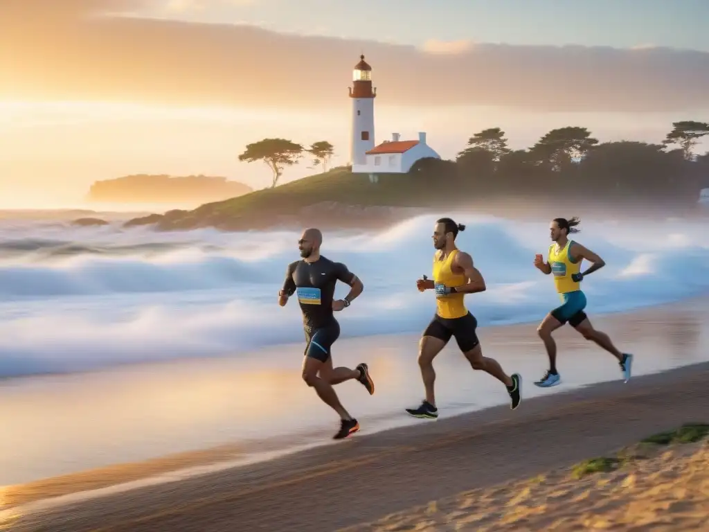 Corredores en la costa al amanecer con el Faro de Punta del Este al fondo