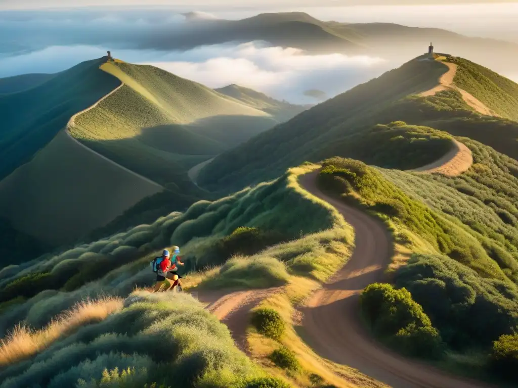 Corredores desafiantes conquistan sendero montañoso en Uruguay al amanecer, con sombras largas y vegetación exuberante