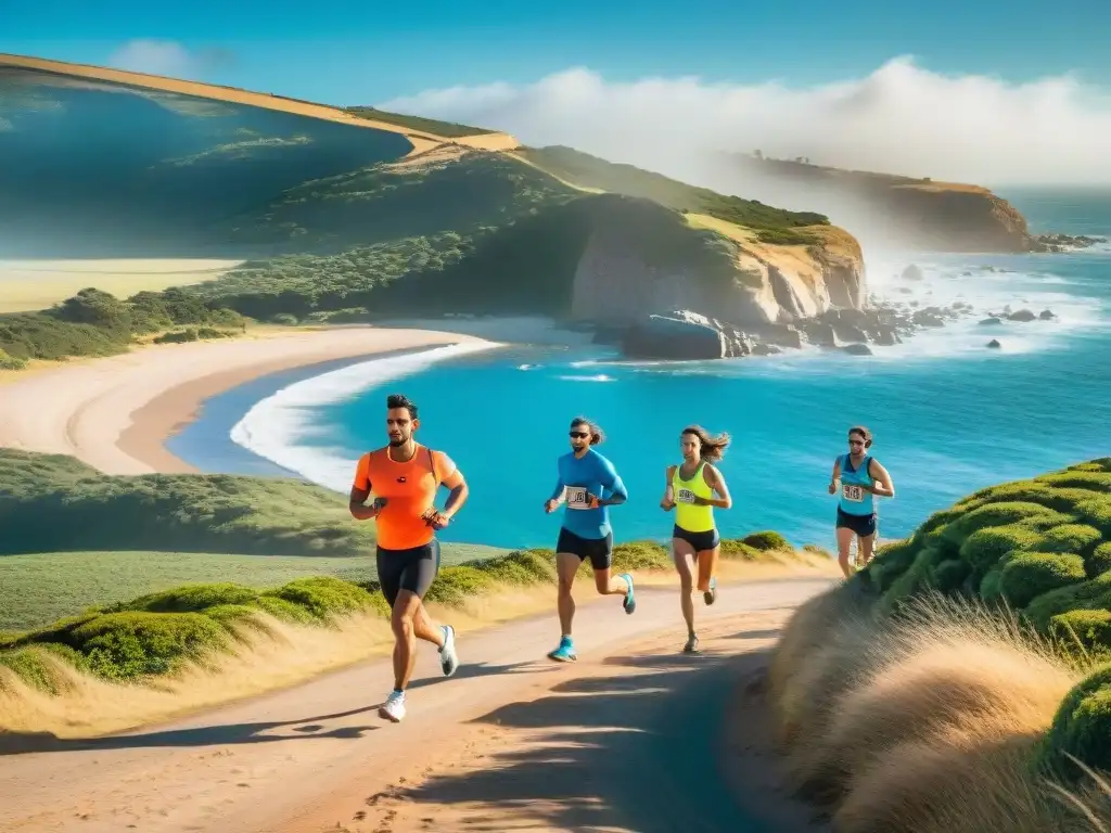 Corredores diversificados sudando bajo el sol de verano al correr en la costa de Uruguay