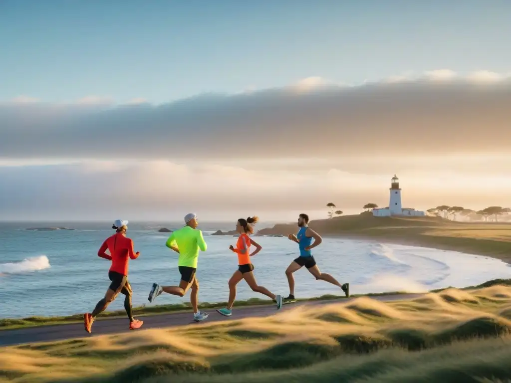 Corredores diversos disfrutan de un amanecer dorado en Punta del Este, Uruguay, inspirando preparación primer maratón Uruguay