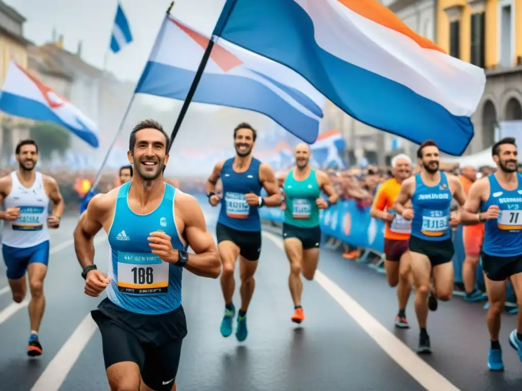 Corredores diversos cruzando meta en maratón de Uruguay, reflejando el impacto cultural