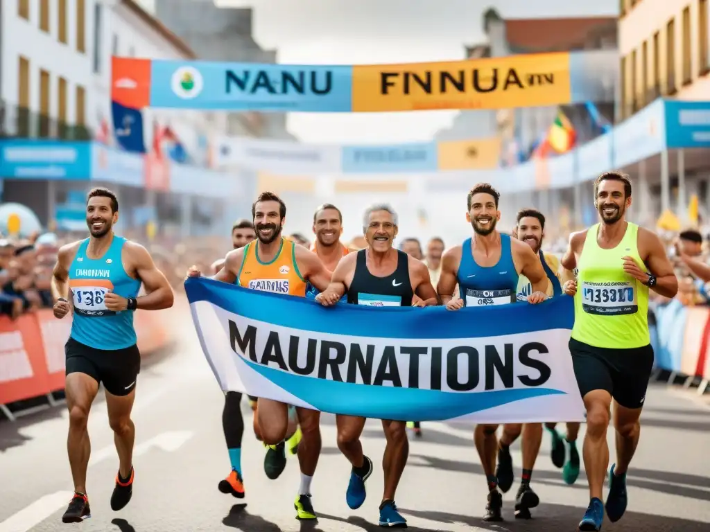 Corredores de todas las edades y habilidades cruzan la meta en una maratón inclusiva en Uruguay, con expresiones de triunfo y camaradería