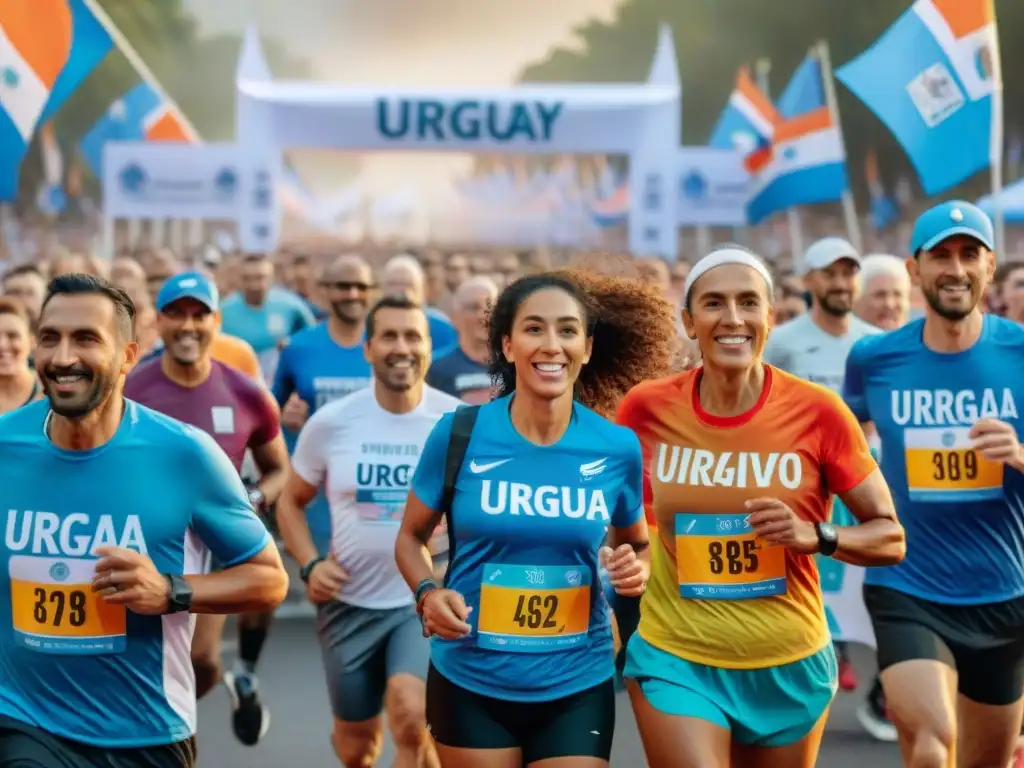 Corredores de todas las edades y habilidades cruzando la meta en un maratón inclusivo en Uruguay