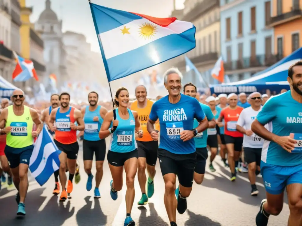 Corredores de todas las edades lucen indumentaria colorida con la bandera uruguaya en una maratón solidaria en Uruguay