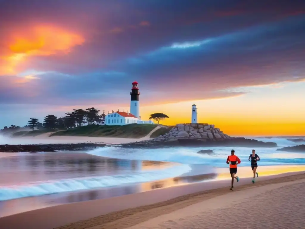 Corredores entusiastas disfrutan de un amanecer vibrante en la costa de Punta del Este, con el icónico faro al fondo