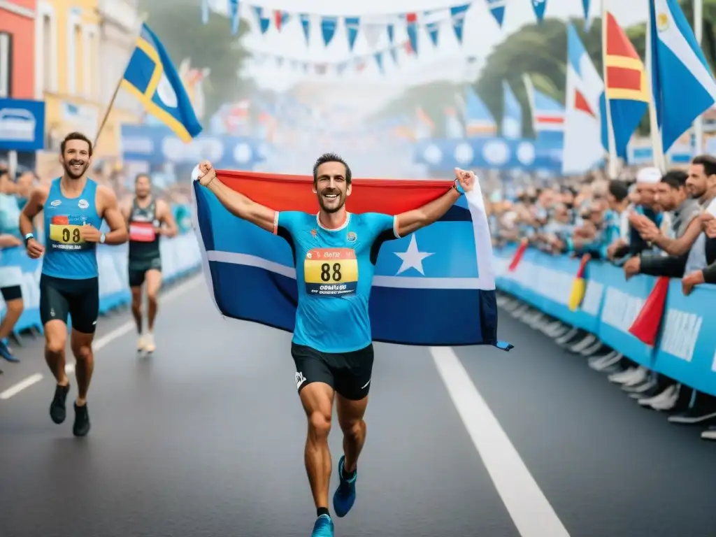 Corredores exhaustos cruzan la meta de una maratón en Uruguay, rodeados de espectadores y banderas