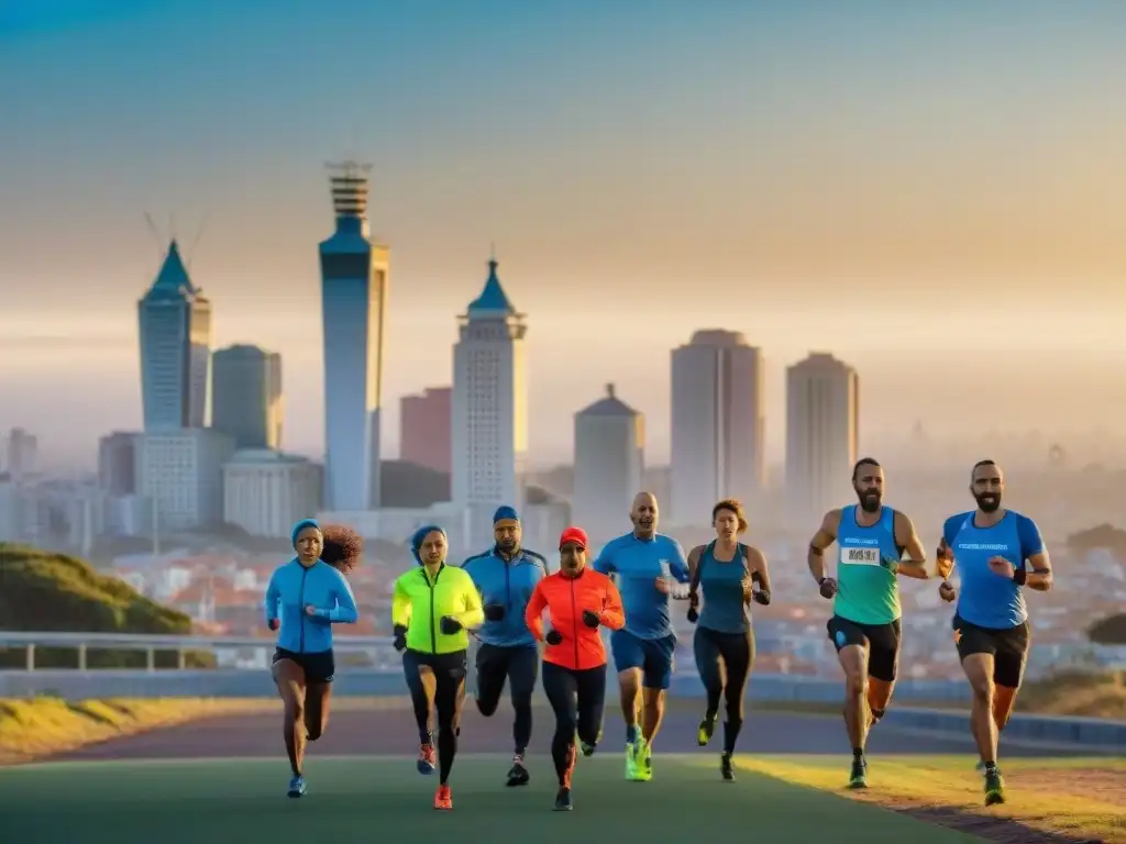 Corredores diversos estiran frente al cartel de Montevideo al amanecer, preparándose para su primer maratón en Uruguay