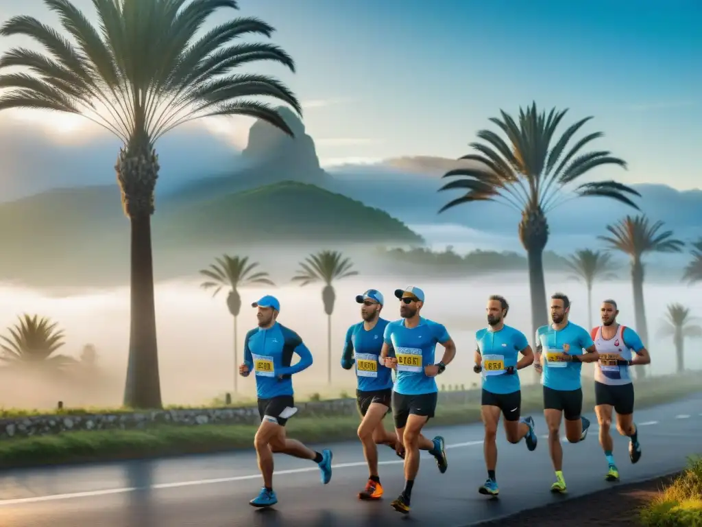 Corredores listos en Uruguay para el maratón, demostrando preparación mental y determinación al amanecer