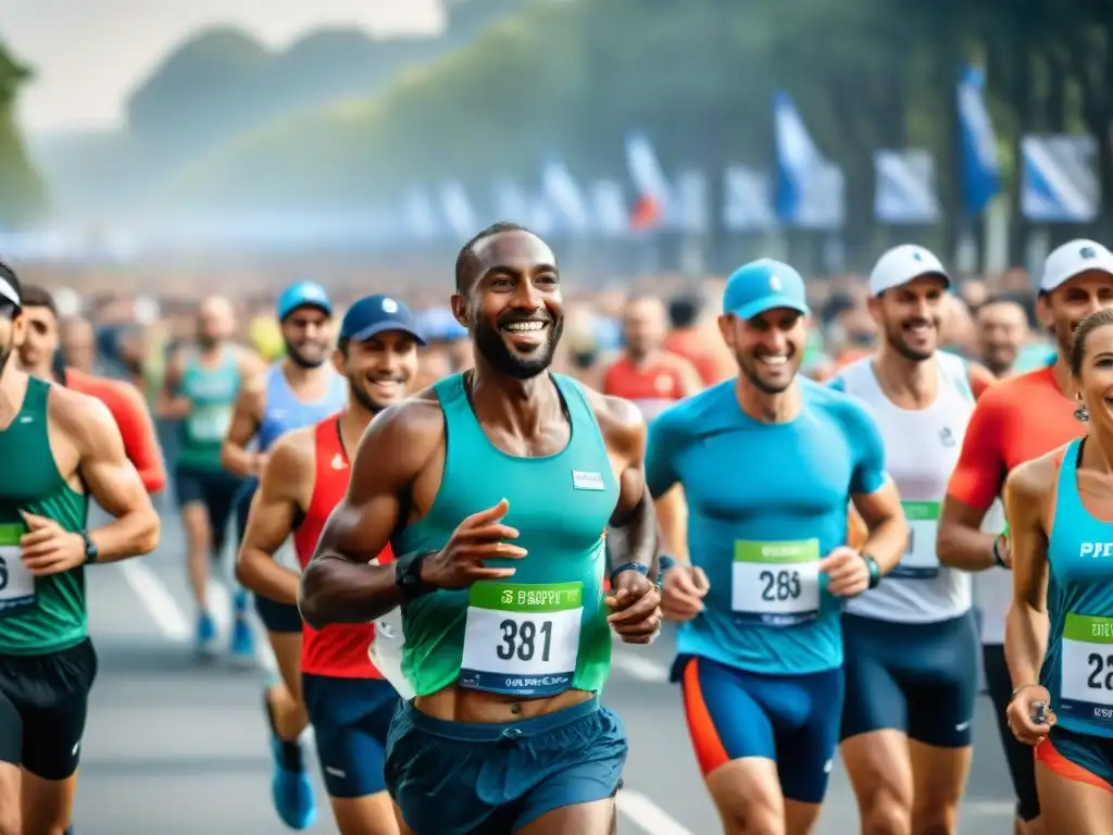 Corredores sonrientes se hidratan y reponen energías en estación de maratón en Uruguay