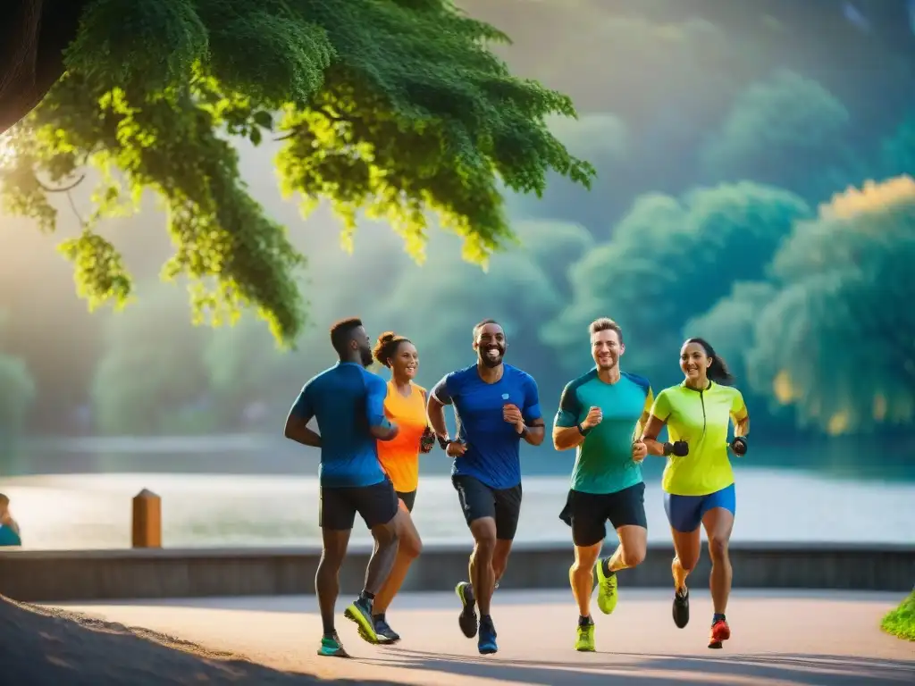 Corredores sonrientes se preparan para maratón solidaria en Uruguay al amanecer, reflejando unidad y determinación