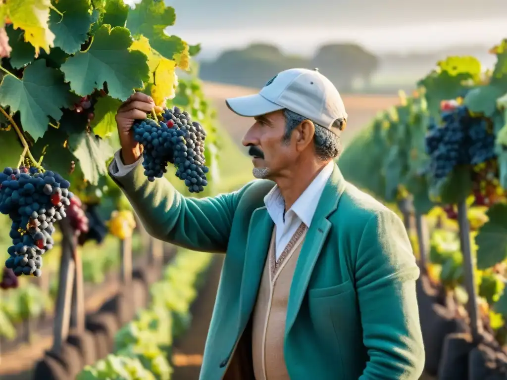 Cosecha de uvas en Uruguay: Agricultores locales recolectan uvas al amanecer, transmitiendo unidad y tradición