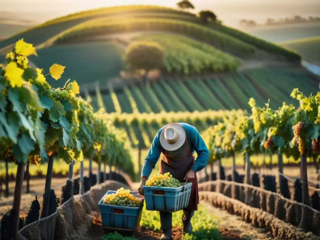 Cosecha de uvas en Uruguay: Agricultores recolectando uvas en un viñedo pintoresco bajo el cálido sol, transmitiendo tradición y comunidad