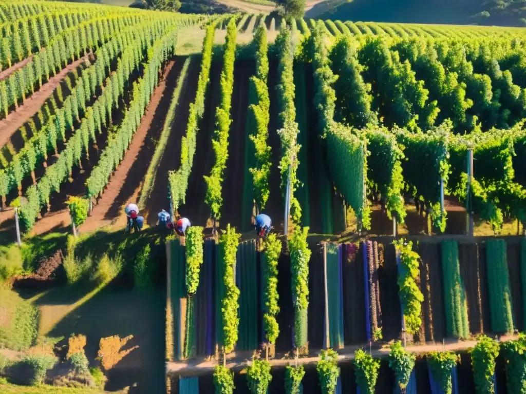 Cosecha de uvas en Uruguay: Viñedos exuberantes, uvas moradas maduras y trabajadores cosechando con orgullo y tradición