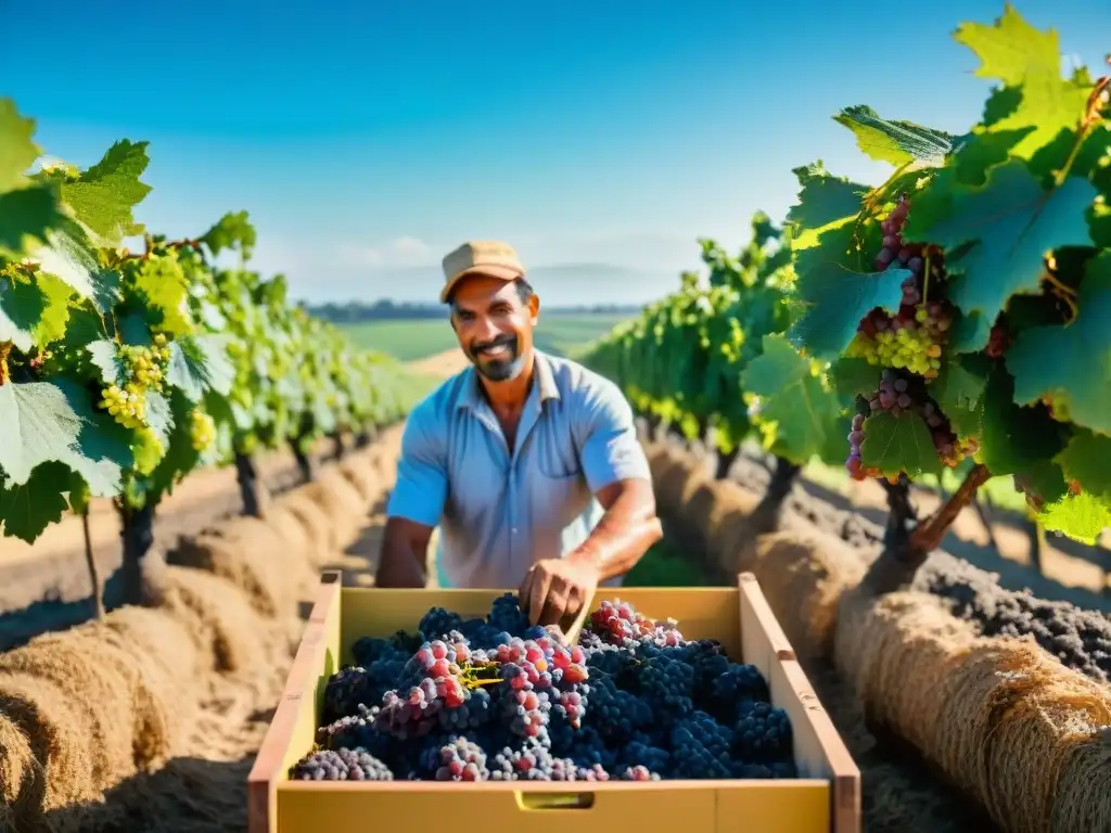 Cosecha de uvas en Uruguay: viñedos escénicos con uvas maduras y agricultores locales recolectando alegremente