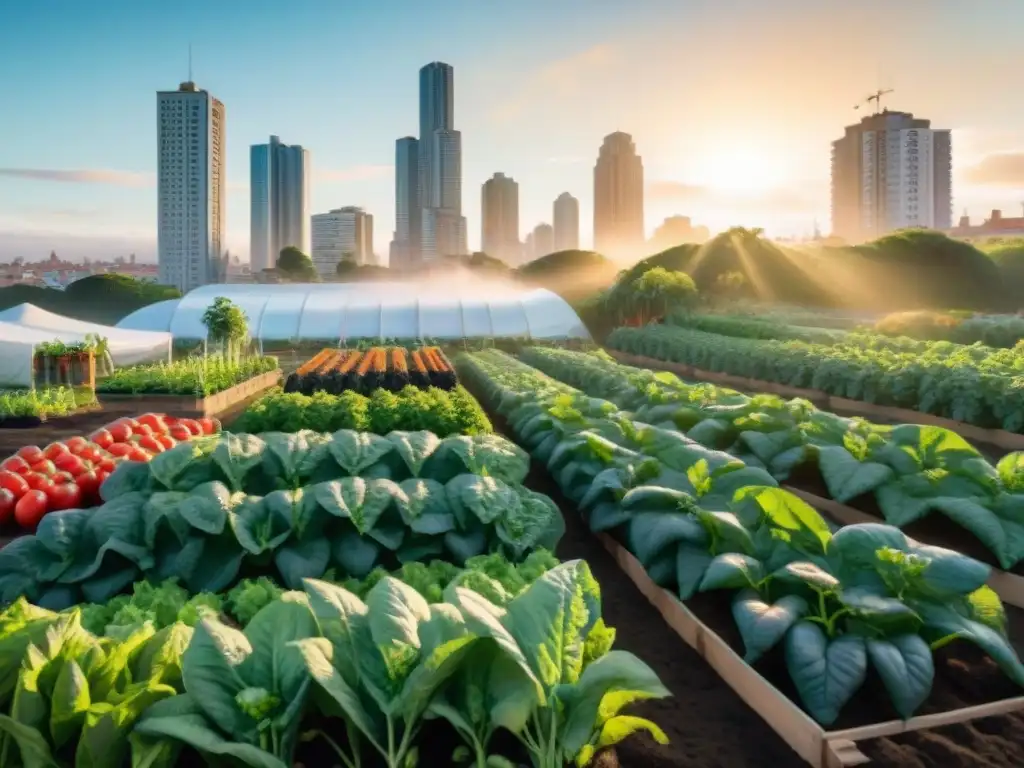 Cosecha de verduras en huerta urbana de Uruguay, reflejando comunidad y sostenibilidad