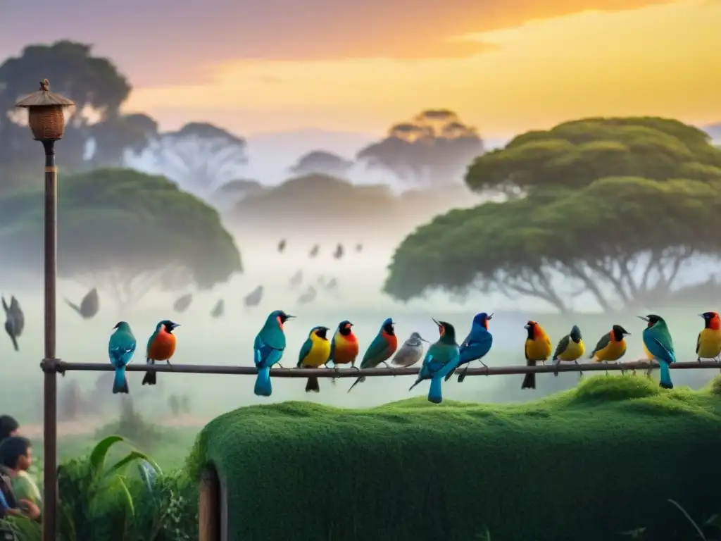 Crianza de aves nativas en Uruguay: Familia disfruta de la armoniosa convivencia con aves coloridas en su acogedor patio trasero al atardecer